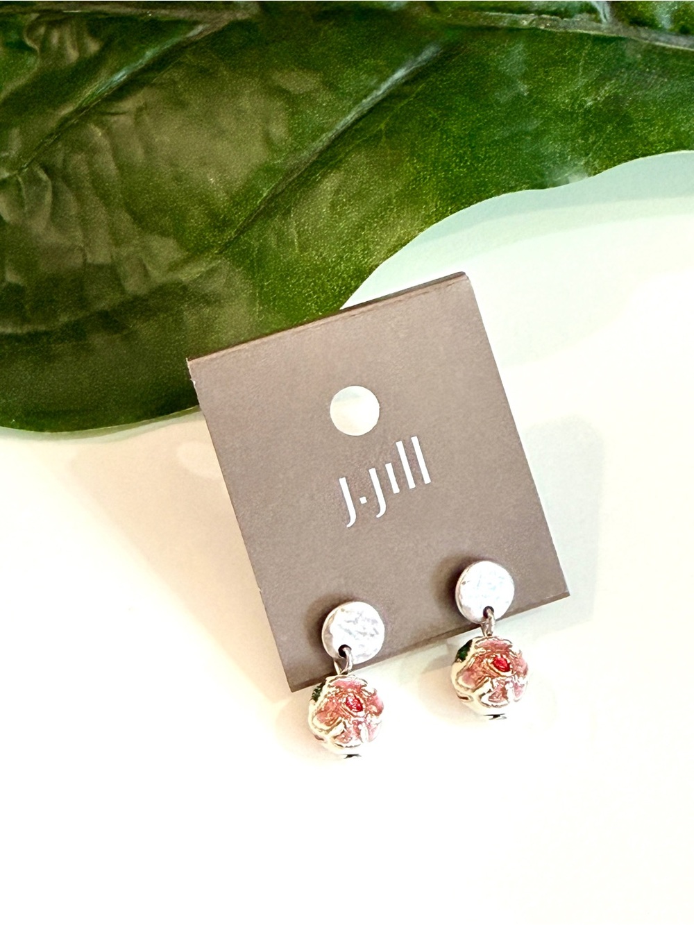 J. Jill Pink Floral Cloisonné Bead Enamel Silver Drop Earrings NWT